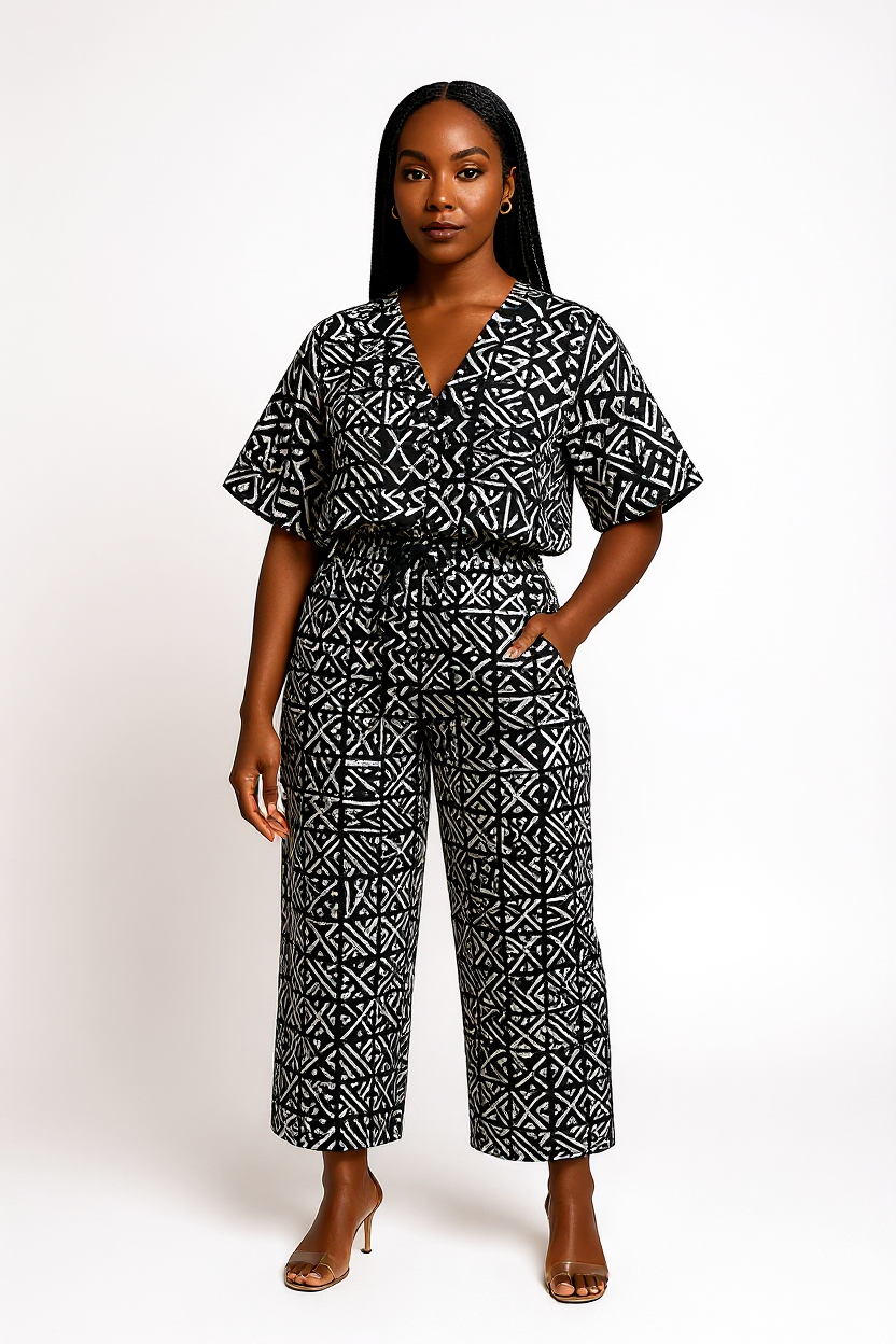 Black & White Tribal Geometric Monochrome Mirage Ankara V-Neck Two-Piece Set