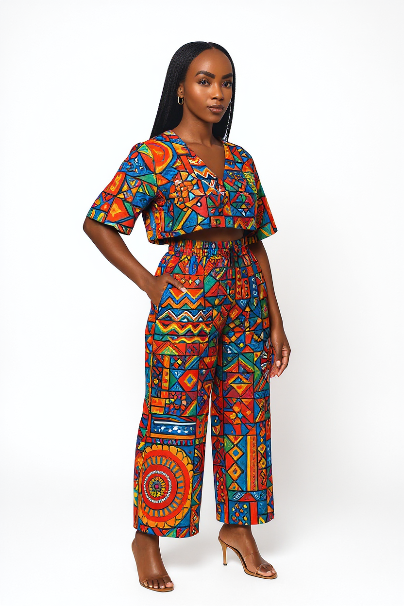 Multicolor Tribal Patchwork Garden Bloom Ankara V-Neck Two-Piece Set